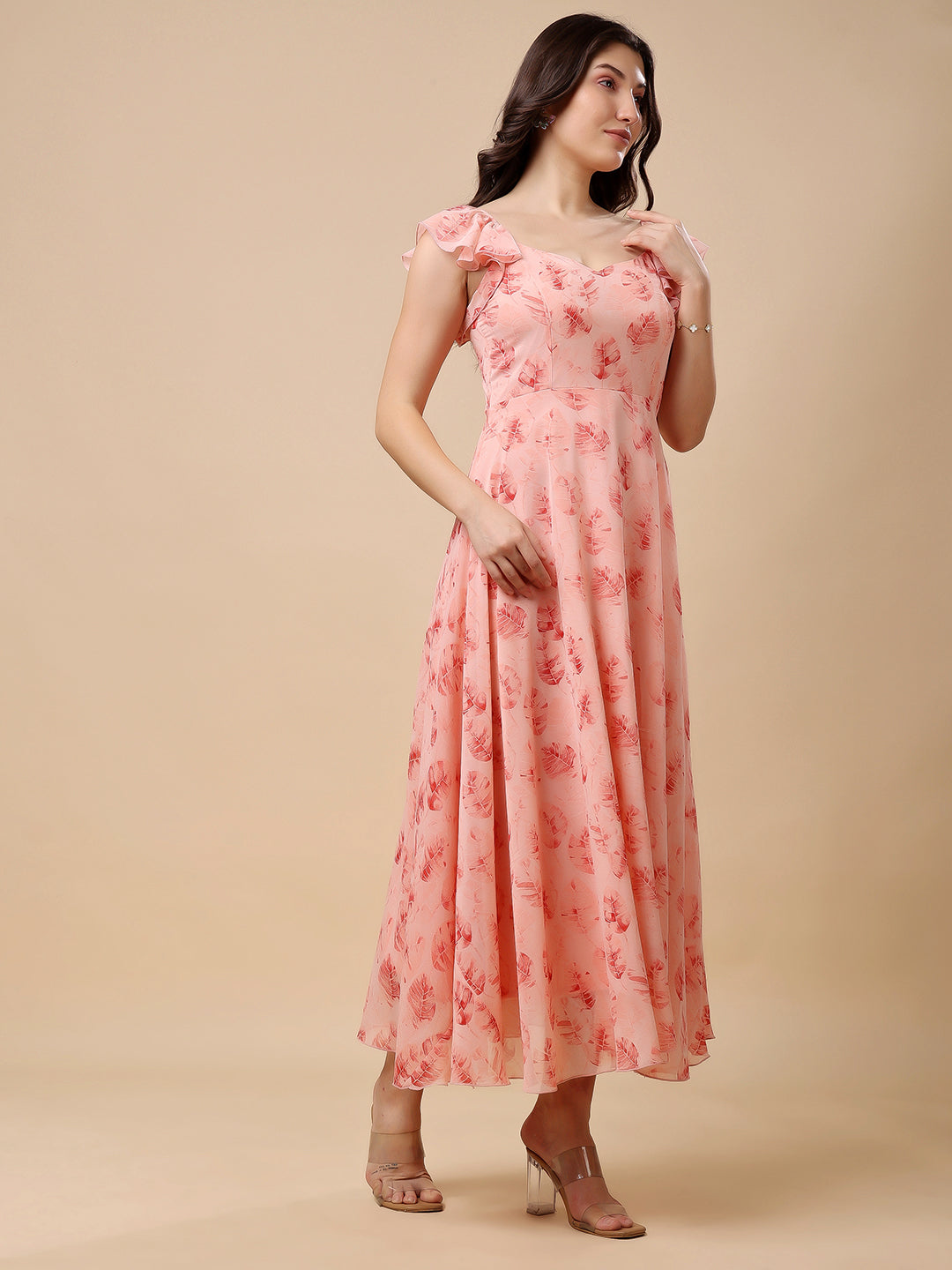 Georgette Printed Long Dress Sleeveless, V Neck Strape Frill Pattern