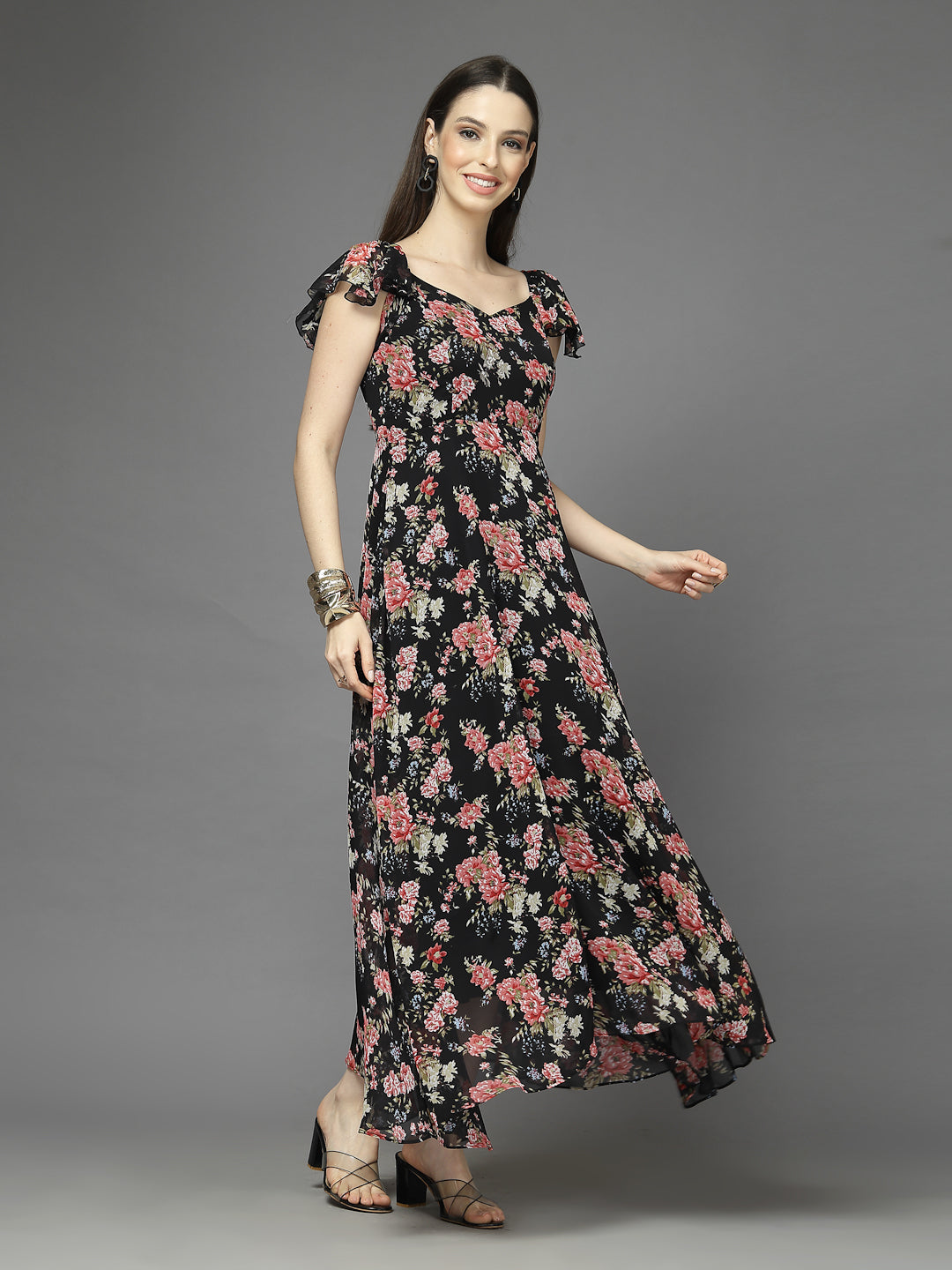 Georgette Printed Long Dress Sleeveless, V Neck Strape Frill Pattern