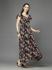 Georgette Printed Long Dress Sleeveless, V Neck Strape Frill Pattern