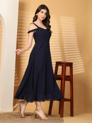 Solid Georgette Long Dress, Neck Frill Sleeveless
