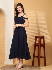 Solid Georgette Long Dress, Neck Frill Sleeveless