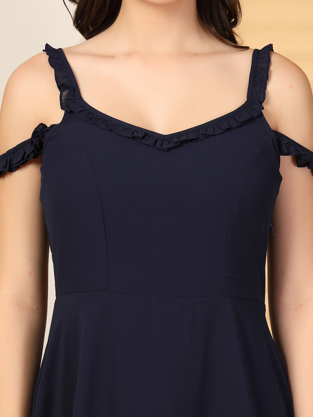 Solid Georgette Long Dress, Neck Frill Sleeveless