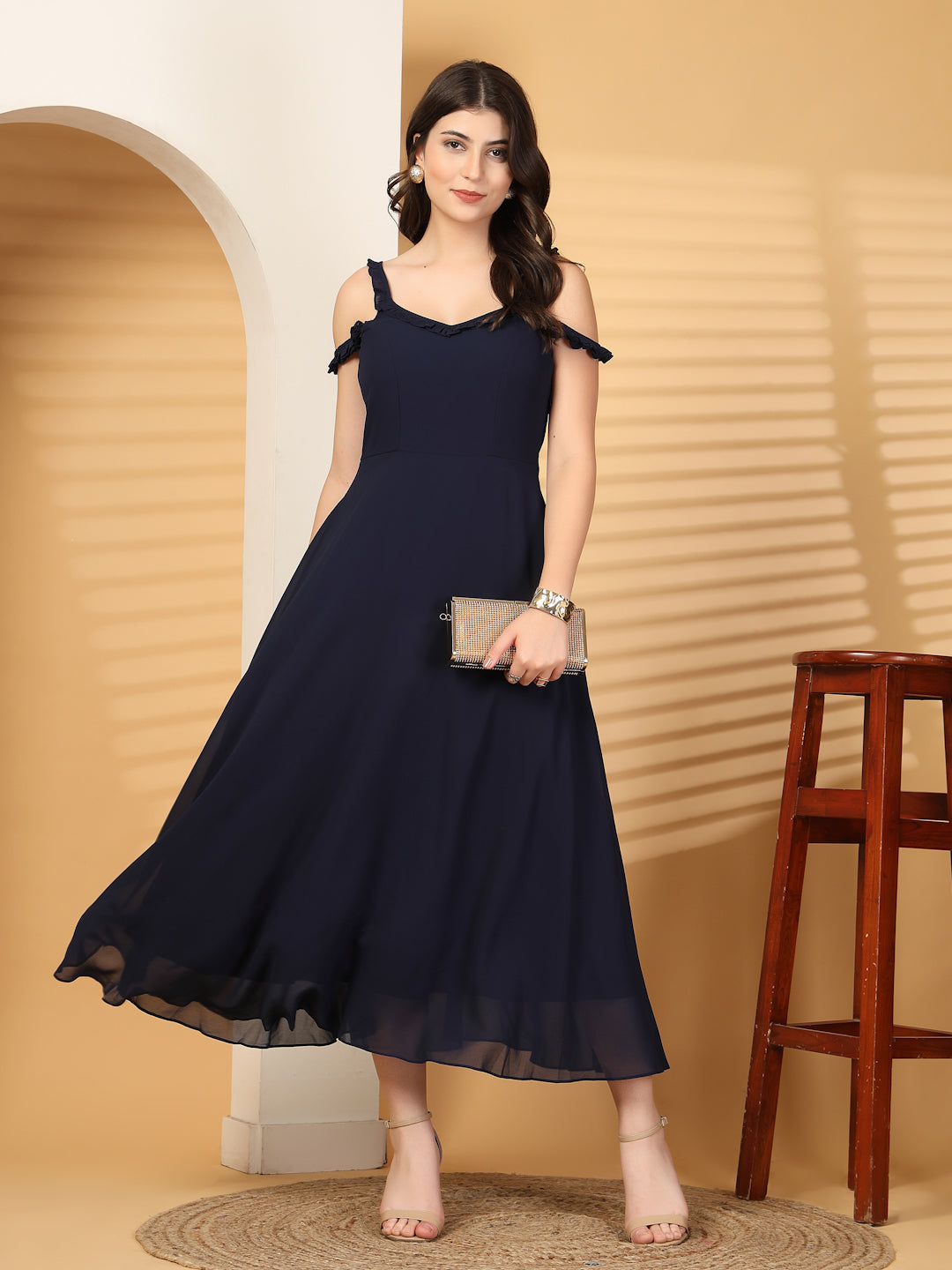 Solid Georgette Long Dress, Neck Frill Sleeveless