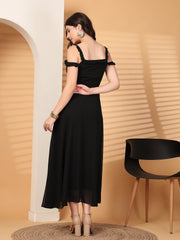 Solid Georgette Long Dress, Neck Frill Sleeveless