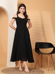 Solid Georgette Long Dress, Neck Frill Sleeveless