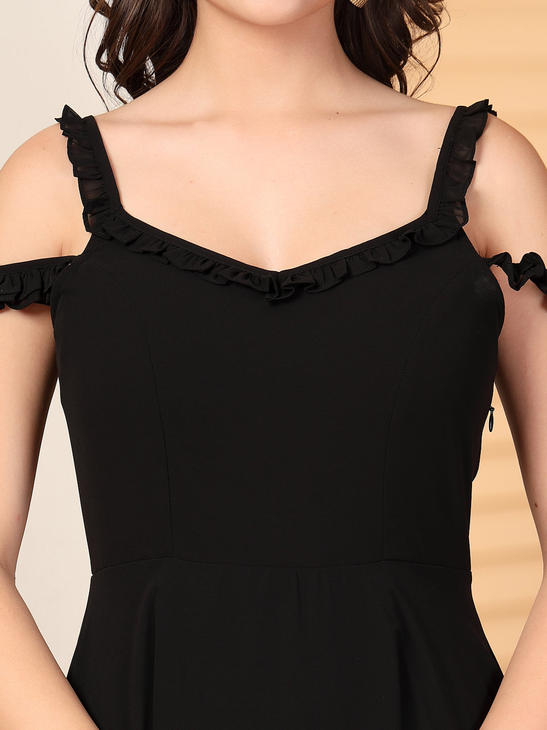 Solid Georgette Long Dress, Neck Frill Sleeveless