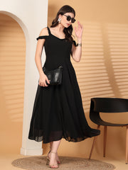 Solid Georgette Long Dress, Neck Frill Sleeveless