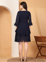 Polka Dots Solid Midi Dress With 3/4 Sleeve V Neck