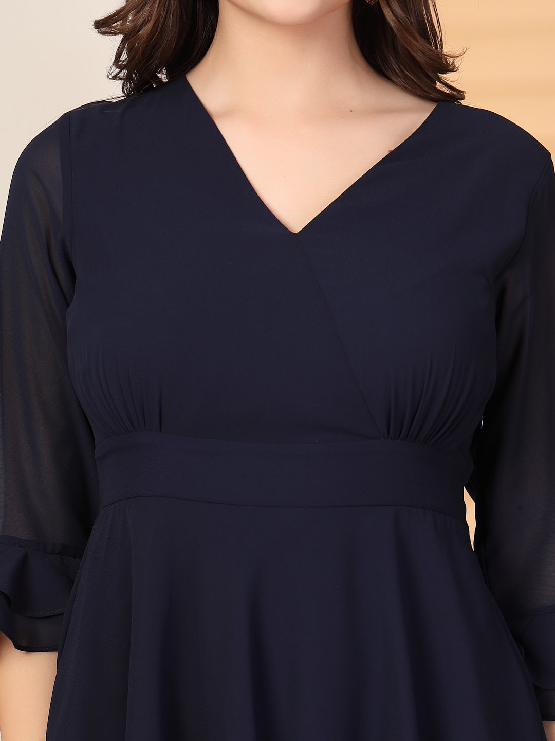 Polka Dots Solid Midi Dress With 3/4 Sleeve V Neck