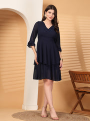 Polka Dots Solid Midi Dress With 3/4 Sleeve V Neck
