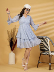 Polka Dots Solid Midi Dress With 3/4 Sleeve V Neck