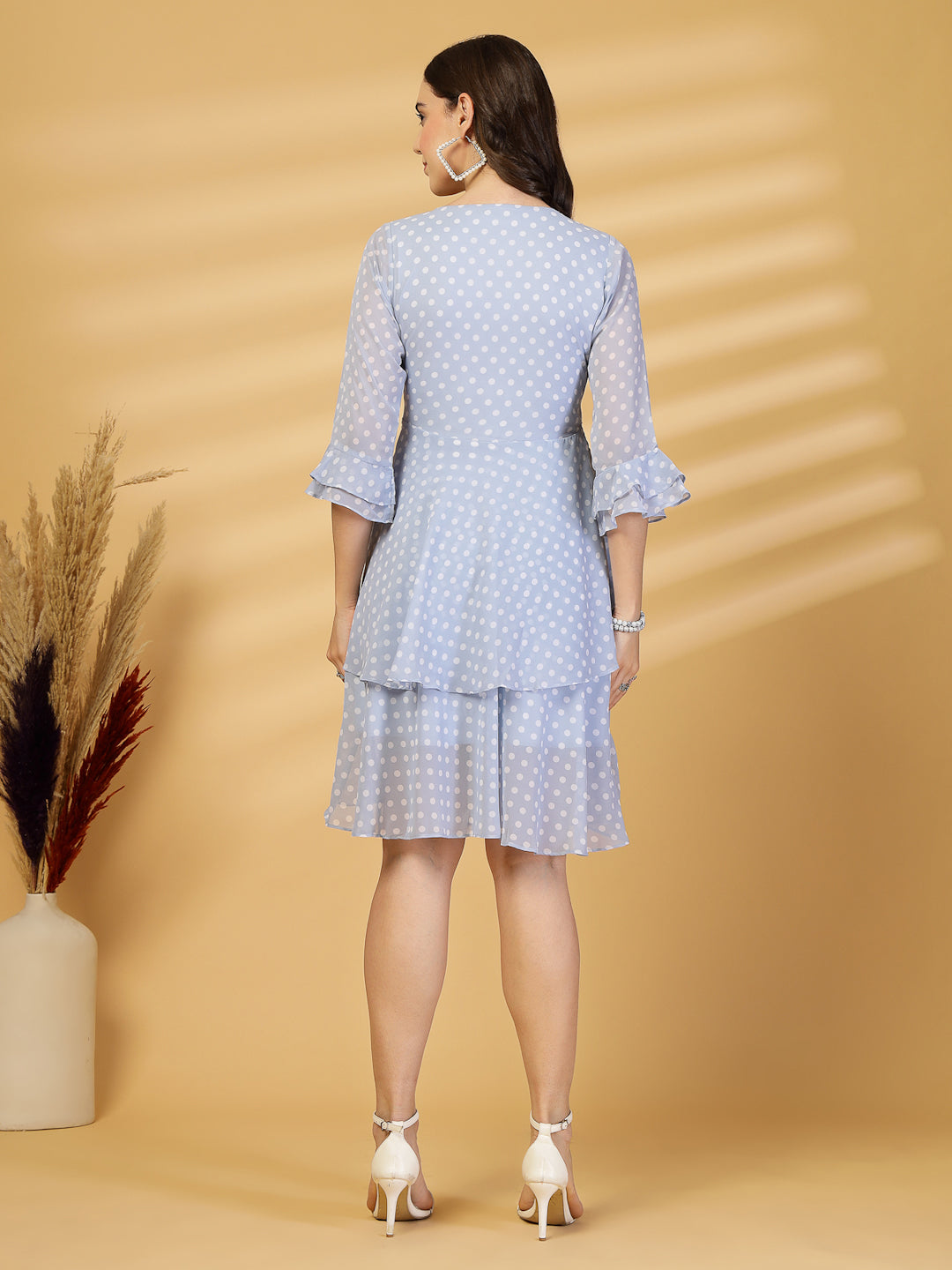 Polka Dots Solid Midi Dress With 3/4 Sleeve V Neck