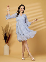 Polka Dots Solid Midi Dress With 3/4 Sleeve V Neck