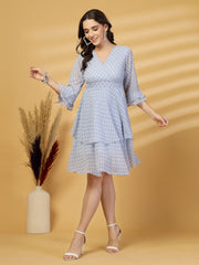 Polka Dots Solid Midi Dress With 3/4 Sleeve V Neck