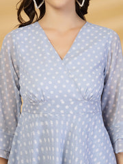 Polka Dots Solid Midi Dress With 3/4 Sleeve V Neck