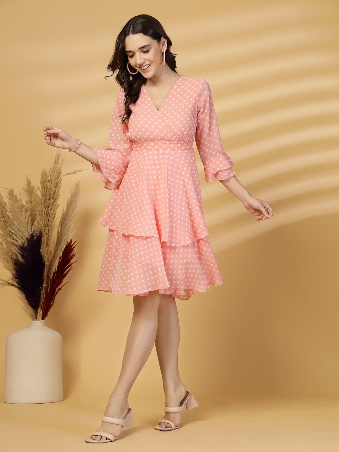 Polka Dots Solid Midi Dress With 3/4 Sleeve V Neck