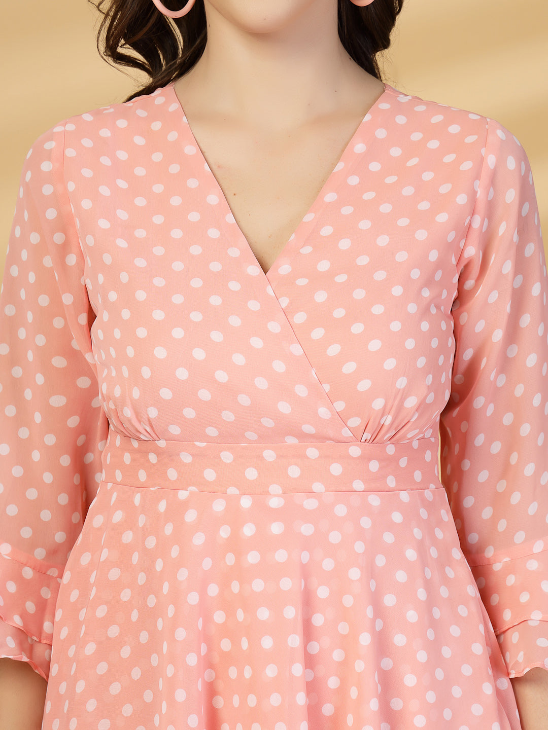 Polka Dots Solid Midi Dress With 3/4 Sleeve V Neck