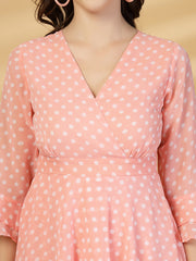 Polka Dots Solid Midi Dress With 3/4 Sleeve V Neck