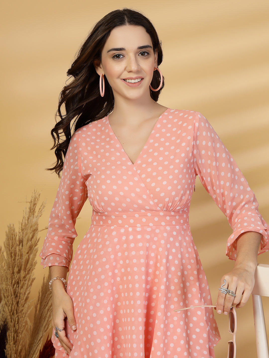 Polka Dots Solid Midi Dress With 3/4 Sleeve V Neck