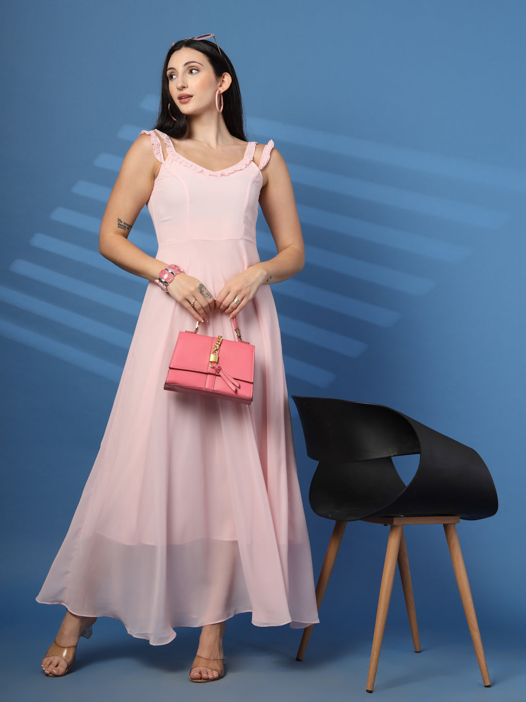 Solid Georgette Long Dress, Neck Frill Sleeveless