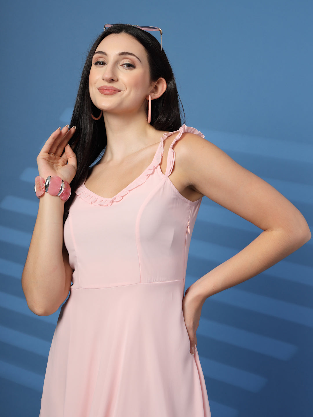 Solid Georgette Long Dress, Neck Frill Sleeveless