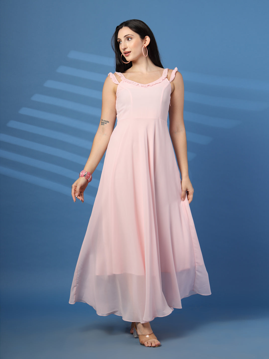 Solid Georgette Long Dress, Neck Frill Sleeveless