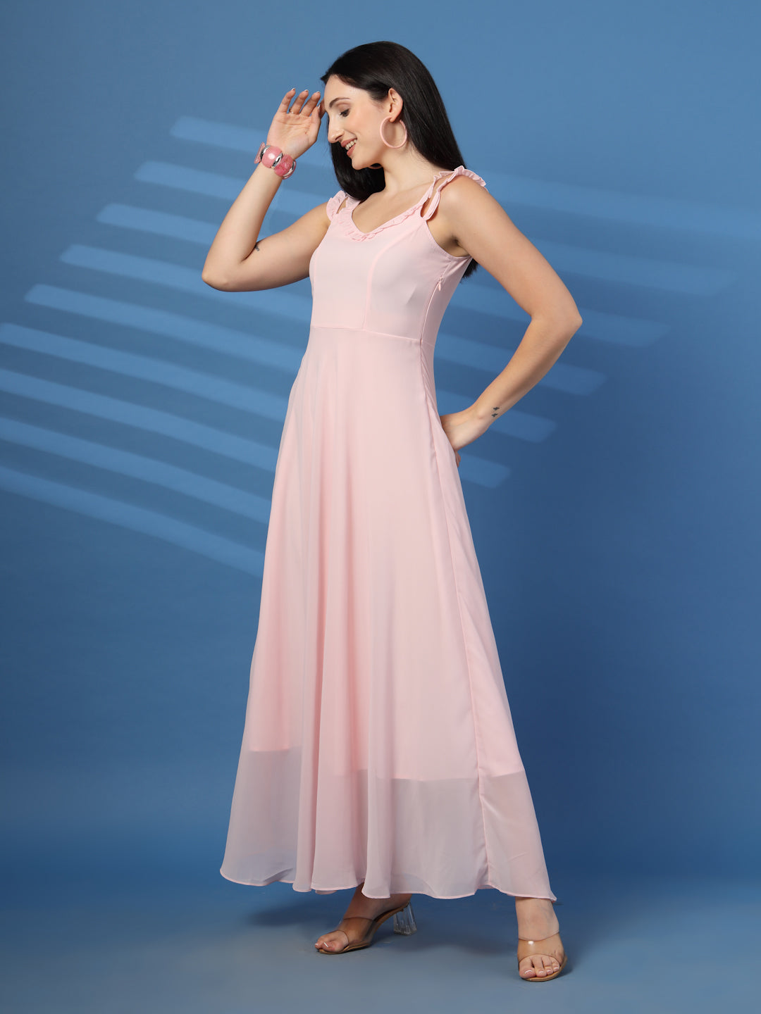 Solid Georgette Long Dress, Neck Frill Sleeveless