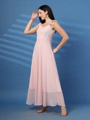 Solid Georgette Long Dress, Neck Frill Sleeveless