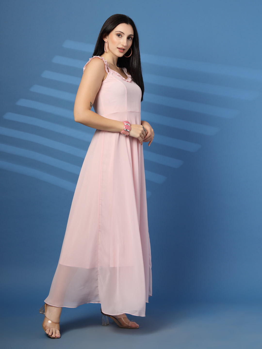 Solid Georgette Long Dress, Neck Frill Sleeveless