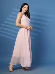 Solid Georgette Long Dress, Neck Frill Sleeveless