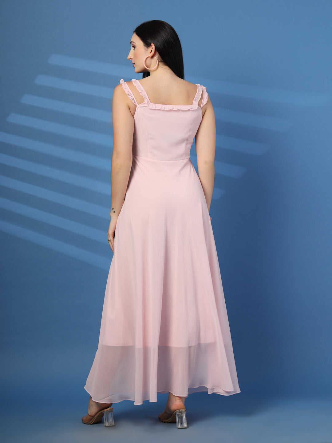 Solid Georgette Long Dress, Neck Frill Sleeveless