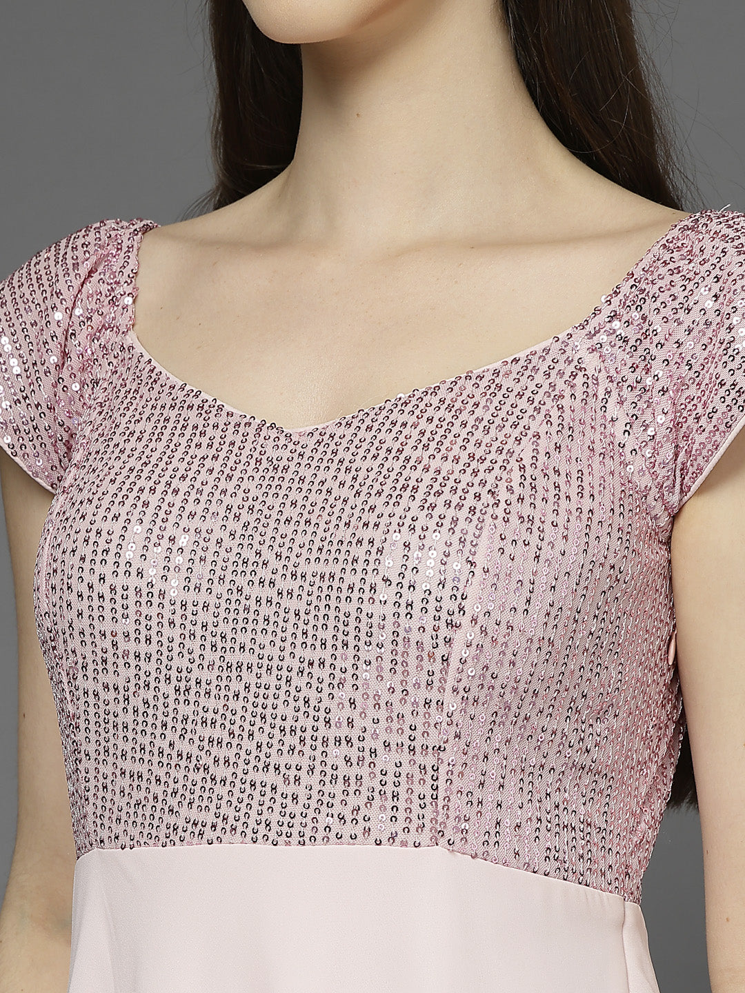 Zara Solid Sequin Fit & Flare Dress Sleeveless, Sweetheart Neck Strape Frill Pattern