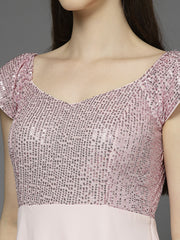 Zara Solid Sequin Fit & Flare Dress Sleeveless, Sweetheart Neck Strape Frill Pattern