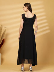 Solid Georgette Fit & Flare Dress Sleeveless, Sweetheart Neck Strape Frill Pattern