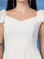 Solid Georgette Fit & Flare Dress Sleeveless, Sweetheart Neck Strape Frill Pattern