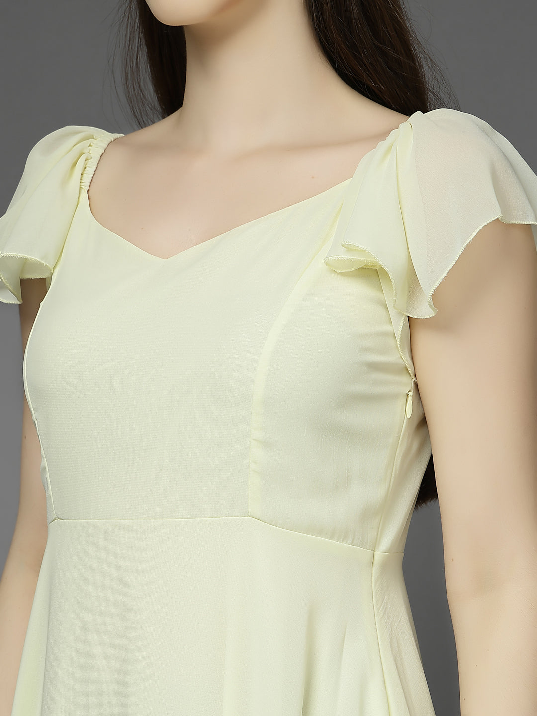 Solid Georgette Fit & Flare Dress Sleeveless, Sweetheart Neck Strape Frill Pattern