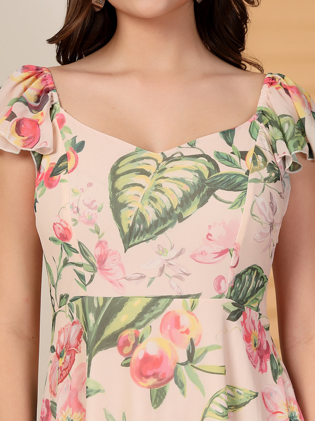 Georgette Printed Long Dress Sleeveless, V Neck Strape Frill Pattern