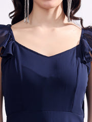 Solid Georgette Fit & Flare Dress Sleeveless, Sweetheart Neck Strape Frill Pattern