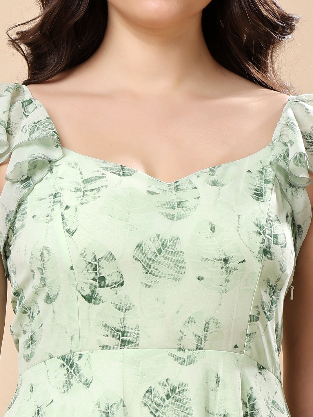 Georgette Printed Long Dress Sleeveless, V Neck Strape Frill Pattern