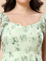 Georgette Printed Long Dress Sleeveless, V Neck Strape Frill Pattern