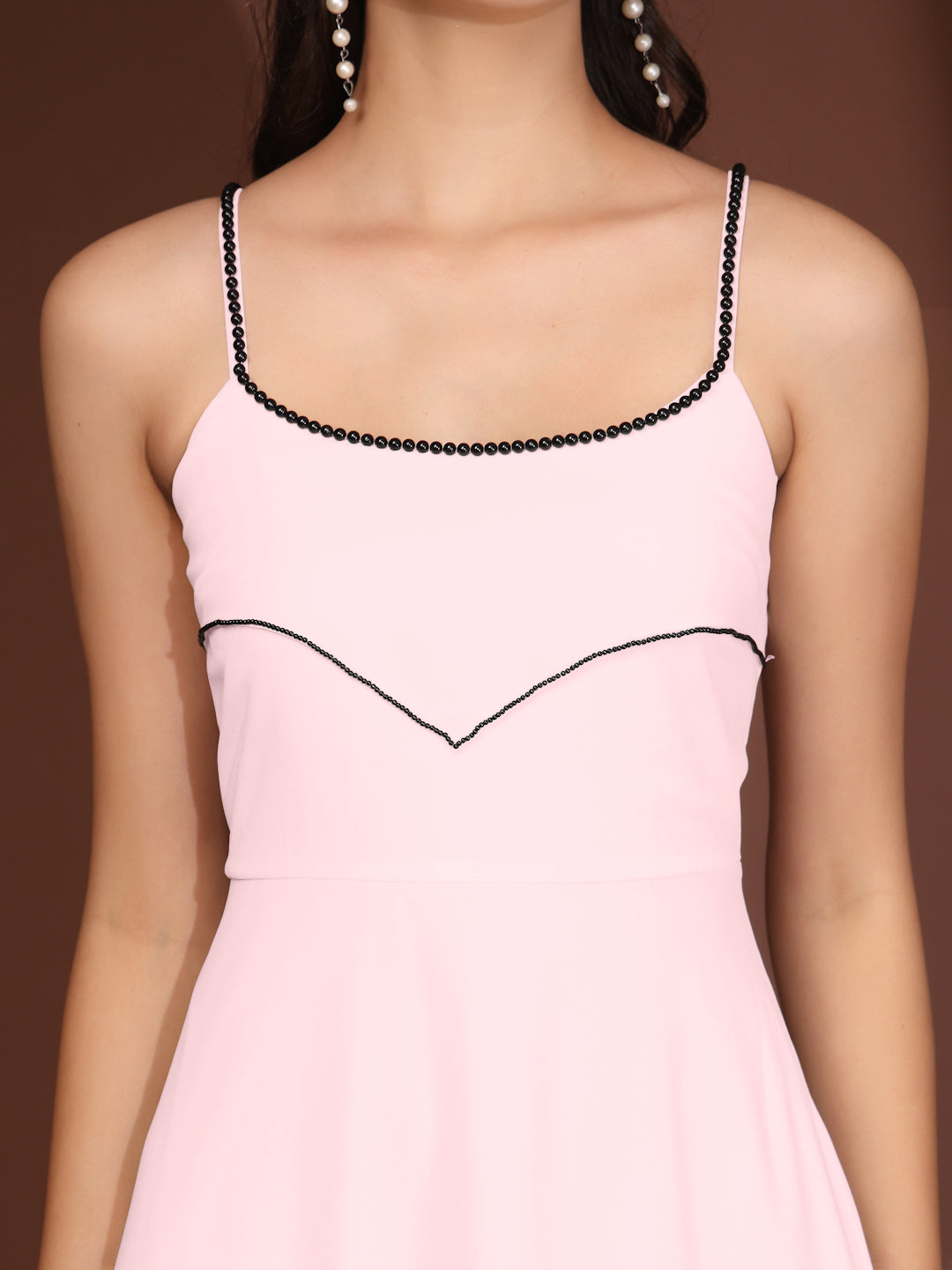 Solid Georgette Dress, Sleeveless, Striped Embroidery Pattern