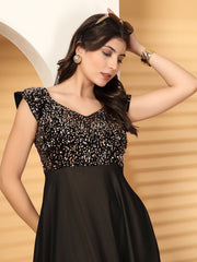 Zara Solid Sequin Fit & Flare Dress Sleeveless, Sweetheart Neck Strape Frill Pattern