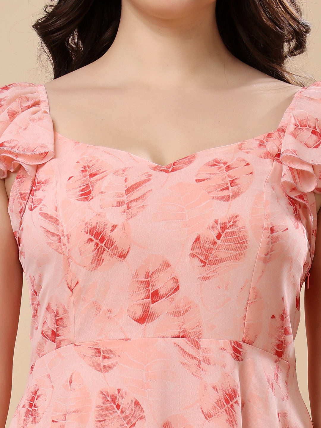 Georgette Printed Long Dress Sleeveless, V Neck Strape Frill Pattern