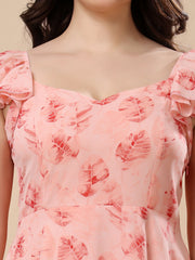 Georgette Printed Long Dress Sleeveless, V Neck Strape Frill Pattern