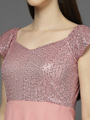 Zara Solid Sequin Fit & Flare Dress Sleeveless, Sweetheart Neck Strape Frill Pattern