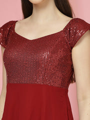 Zara Solid Sequin Fit & Flare Dress Sleeveless, Sweetheart Neck Strape Frill Pattern