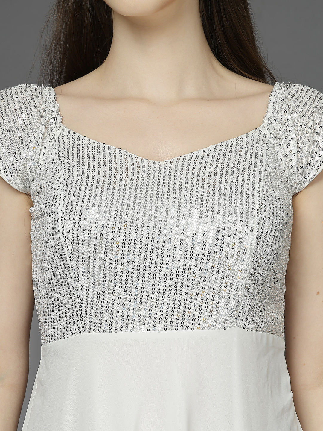 Zara Solid Sequin Fit & Flare Dress Sleeveless, Sweetheart Neck Strape Frill Pattern