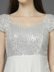 Zara Solid Sequin Fit & Flare Dress Sleeveless, Sweetheart Neck Strape Frill Pattern