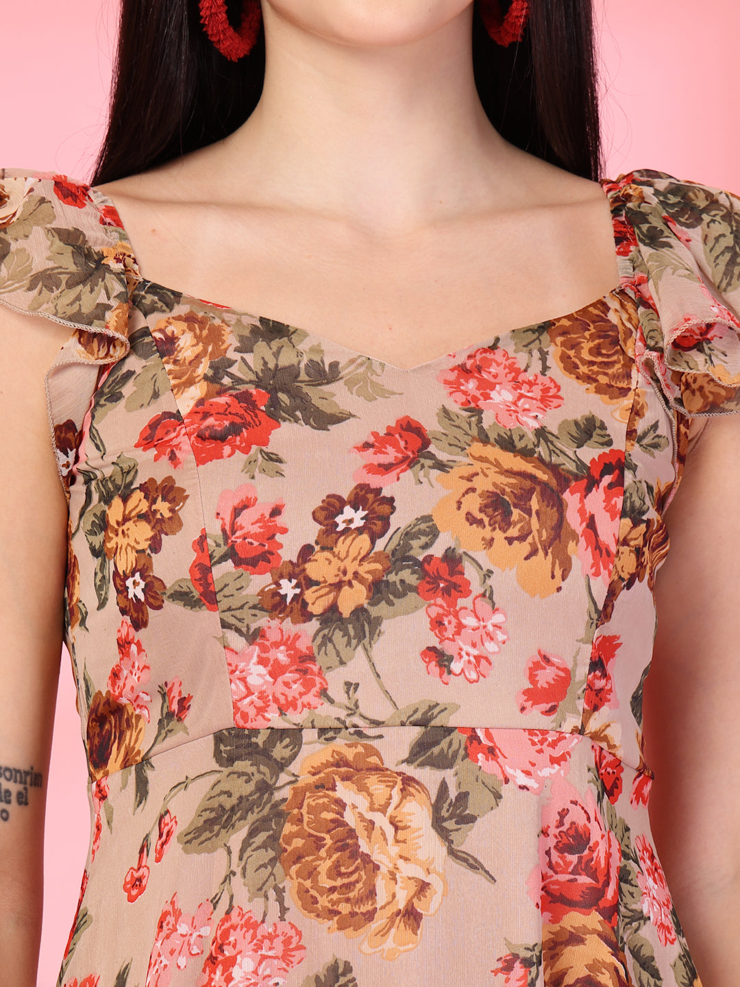 Georgette Printed Long Dress Sleeveless, V Neck Strape Frill Pattern