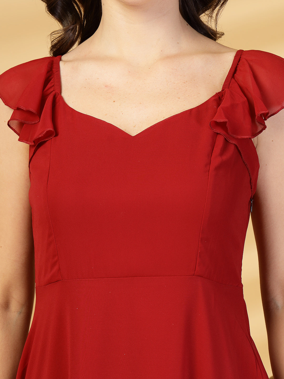 Solid Georgette Fit & Flare Dress Sleeveless, Sweetheart Neck Strape Frill Pattern